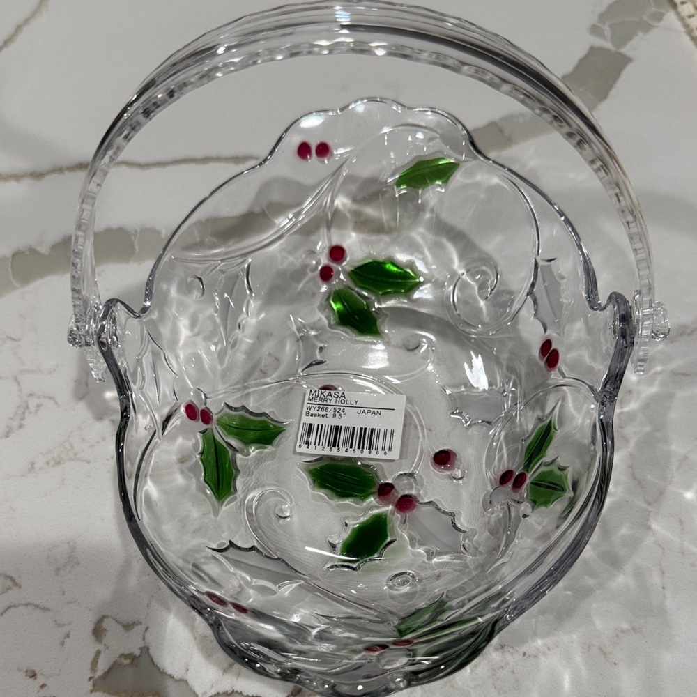 Mikasa Merry Holly Glass Basket Made in Japan 9.5”